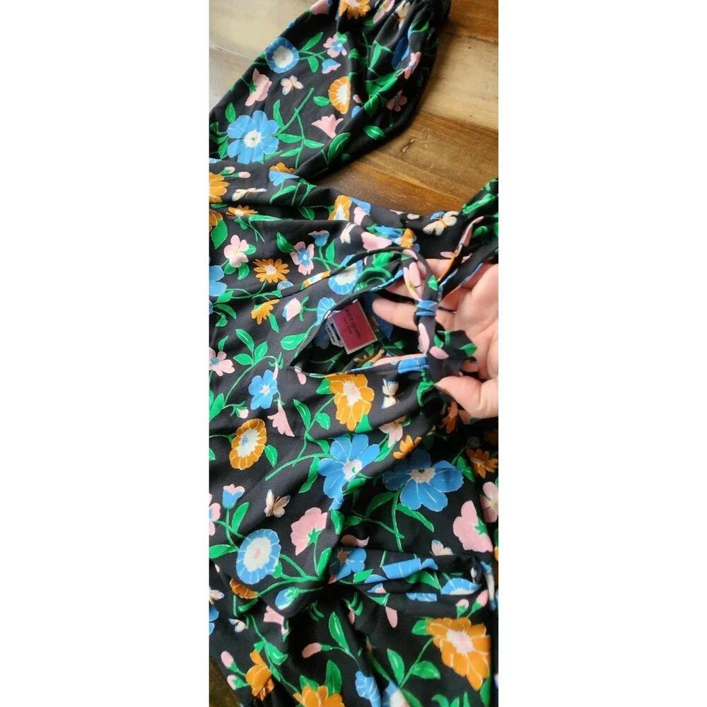 Kate Spade Black Floral Puff Sleeve Tunic Blouse Round Neck Size S (726)